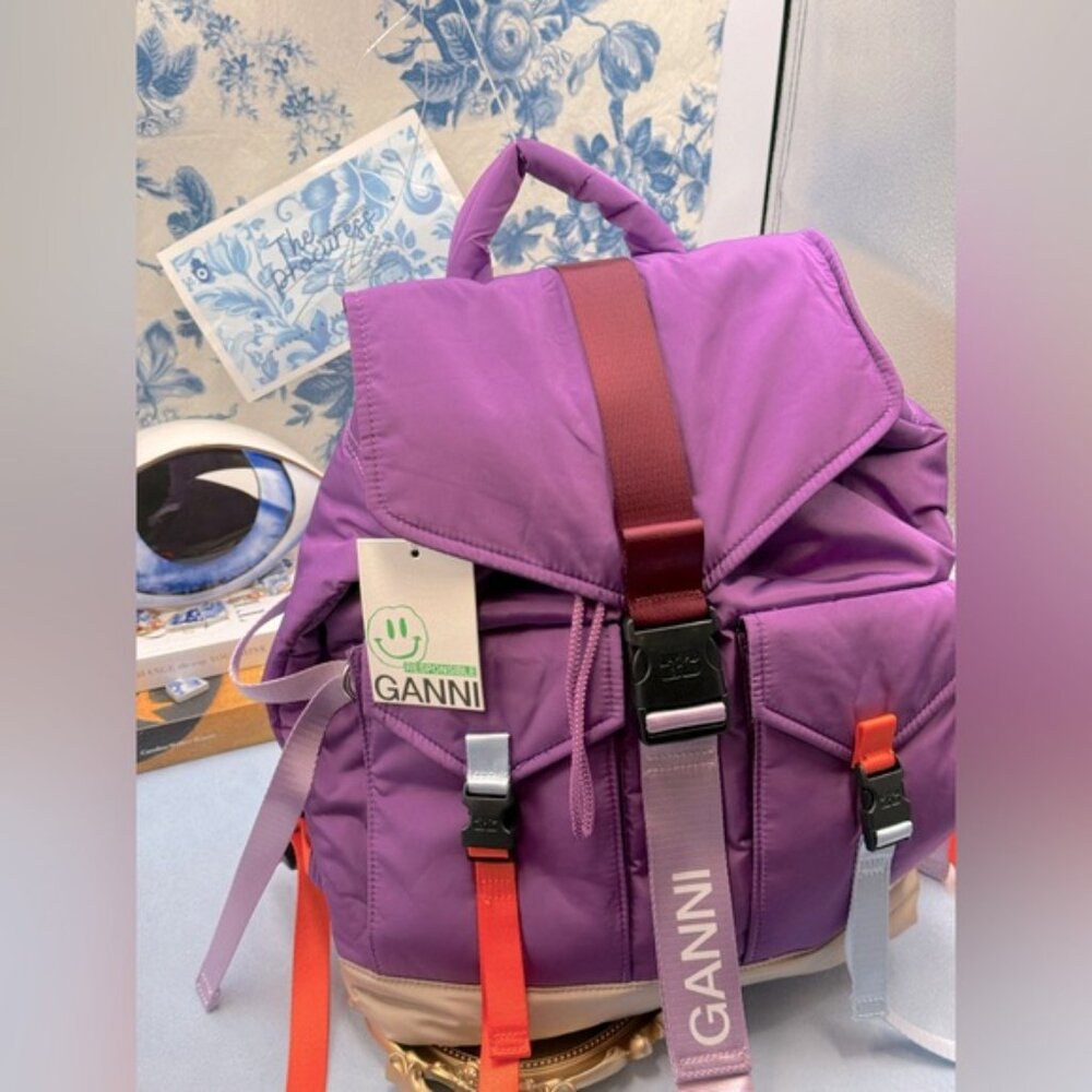 🆕 GANNI 🧿 NWT Recycled Tech Backpack, Purple Wine & Orange, Baby Blue - Picture 2 of 13